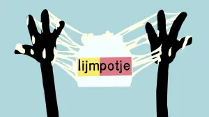 Tekening van twee zwarte handen eindje van elkaar af, ertussen slierten lijm die eraan kleven, in het midden lijmpotje eraan geplakt.