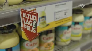 Foto van een schap in supermarkt met bordje, pijl die naar producten wijst, erbij met daarop "altijd lage prijs".