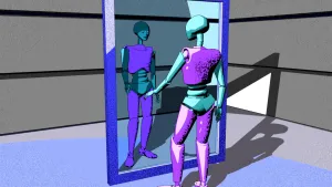 Tekening van een robot die zichzelf in een spiegel bekijkt, het spiegelbeeld is een menselijke man.