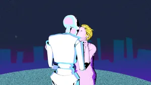 Tekening van een vrouw die vrijt met een mannelijke robot.