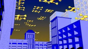 Tekening van een stad met moderne gebouwen en vele drones die erboven rondvliegen.