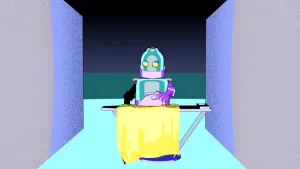 Tekening van een robot die aan het strijken is.