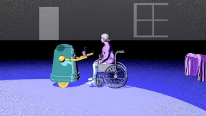 Tekening van grote kamer waarin een vrouw in een rolstoel zit, voor haar komt robot op wielen haar een beker drinken brengen.