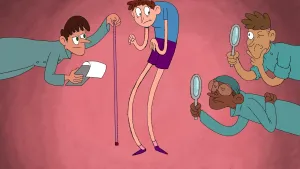 Cartoonachtige tekening van een grote jongen met heel lange benen, een man die met meetlat hem opmeet, achter hem twee mannen met een vergrootglas.