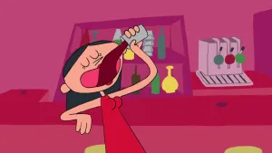 Cartoonachtige tekening van een meisje/vrouw die een beker met bruine drank in haar mond iet aan een bar.