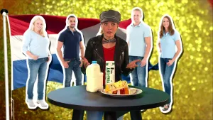 Foto van een Nederlandse vlag buiten, een tafel met daarop patat, fles melk, pak yoghurt, presentator staat ervoor, in de foto gemonteerd vier foto's van lange mensen.