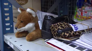 Foto van gevonden voorwerpen van de NS in een kast, zoals een knuffeldier van stof en schriften/boeken.