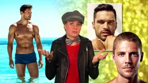 Foto van presentator die staat voor aantal foto's van mannen, portretten en eentje helemaal met zwembroek aan.