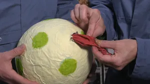 Foto van een surprise van papier-maché, een witte bal met groene stippen, iemand haalt er een leeggelopen ballon uit.