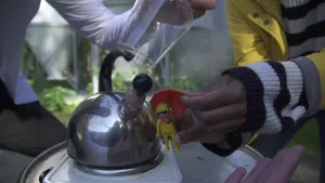 Foto van iemand die staat bij een fluitketel en houdt een speelgoedpoppetje met paraplu op nabij de fluit ervan.