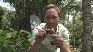 Foto van presentator die met mooi weer in een exotische tuin zit en er eentje laat zien.