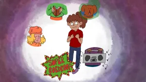 Tekening van een vrouw met om haar heen dingen die overprikkelend kunnen zijn zoals een radio, hond, gettoblaster.