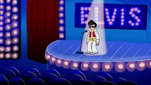 Tekening van Elvis Presley die op het podium staat en zingt voor microfoon, in een zaal, achter hem de tekst "elvis".