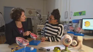 Foto van twee vrouwen die aan een tafel zitten met aantal modellen van het menselijk oog erop.
