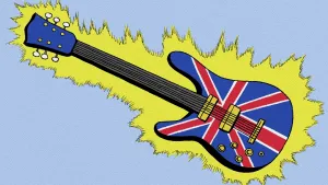 Tekening van een elektrische gitaar waarin de Engelse, Britse, vlag is getekend.