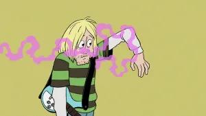 Tekening, cartoonachtig, van een beetje sjofele man die danst, erdoorheen getekend een roze kronkellijn.