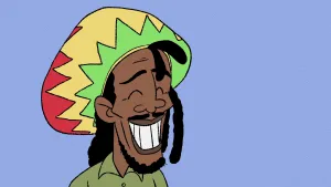 Tekening, cartoonachtig, van portret van een zwarte Reggaezanger.