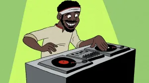 Tekening van een zwarte DJ achter de draaitafels.