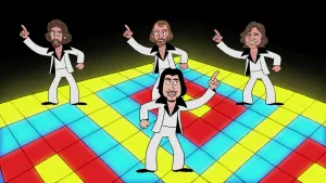 Tekening van vier mannen die disco dansen op een kleurrijke discovloer, de Bee Gees, jaren '70.