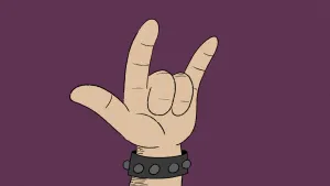 Tekening van een hand die een gebaar maakt, heeft armbandje met metalen knoppen erop om.