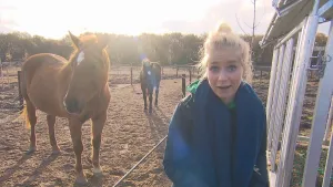 Foto van presentator die staat bij zandgrond met hekken erlangs waarop twee paarden staan.