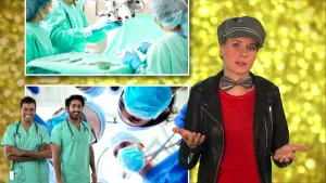 Foto van presentator die staat, ernaast twee foto's van operatiekamer waarin operatie aan de gang is.