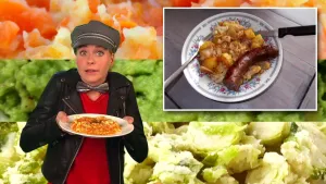 Foto van presentator die bord met hutspot vasthoudt, erin gemonteerd een foto van bord met ander geprakt eten met worst erbij.