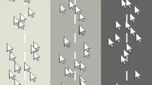 Tekening van drie snelwegen naast elkaar met daarop allemaal witte pijltjes getekend die allemaal dezelfde kant op wijzen, schuin naar boven toe.