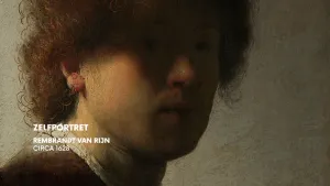 Foto van een zelfportret van Rembrandt, schilderij, met erbij de tekst "zelfportret rembrandt van rijn circa 1628".