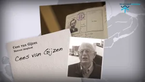 Foto van oude pasfoto, zwart/wit, van Cees van gijzen, en een foto van bladzijde van zijn paspoort.