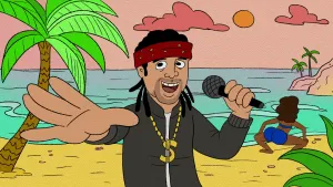 Tekening van een man die op een tropisch strand staat met zee en zingt in een microfoon.