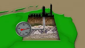 Tekening van Noord Nederland met eroverheen foto van fabriek van gaswinning, ook doorsnede eronder getekend hoe die onder de grond is met grote buizen.