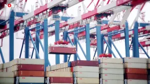 Foto van containerbedrijf, je ziet hoge soort hijskranen met eronder hoge stapels van containers, eentje ervan wordt verplaatst.