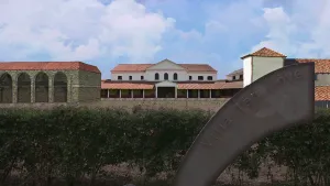 Foto van landschap waarin getekend Romeinse gebouwen van landbouw in de Romeinse tijd.