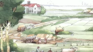 Tekening van boerenlandschap met een klooster en boeren die op het land aan het werk zijn.