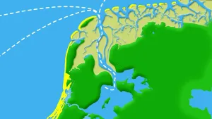 Tekening van Noord-Nederland met hoe toen de Zuiderzee was, nog verbonden met de Noordzee.