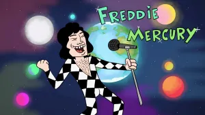 Tekening, karikatuurachtig, van Freddy Mercury met microfoon in zijn handen en zingt, op de achtergrond planeten getekend.