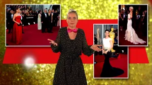 Foto van presentator in de studio met op de achtergrond statige foto's van Koninklijke figuren op de rode loper.