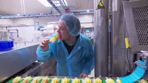 Foto van presentator in beschermende fabriekskleding in waterijsfabriek, hij likt aan een (raket) waterijsje.