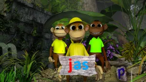 Foto van drie aapachtige figuren (poppen) die voor een rots met planten staan, voor hen houten bord met rode letter J, blauwe letters A S.