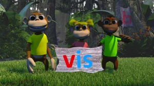 Foto van drie aapachtige figuren (poppen) die staan op het gras met voor hen houten bord met rode letter V, blauwe letter I, blauwe letter S.