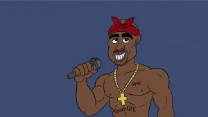 Tekening van een zwarte hiphopartiest, zingt in microfoon, is vrijwel helemaal bloot, Clive Campbell.