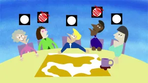 Schematische tekening van aantal personen die aan een tafel zitten met op de achtergrond stemvakjes, sommige ervan rood gekleurd.