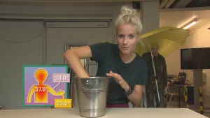 Foto van presentator die met haar hand in een champagnekoeler (soort metalen emmer) zit, erbij tekening van een persoon met erbij geschreven de lichaamstemperatuur.