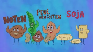 Tekening van cartoonachtige figuurtjes in de vorm van komkommer, pinda etc. met erbij de tekst "noten peulvruchten soja".