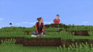 Tekening van een landschap van een computergame waarin een echte man en vrouw zitten.