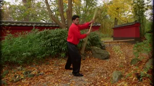 Foto van (Oosterse) man, zwart met rood gekleed, die oefeningen doet met een lange stok, buiten in een Oosterse tuin.