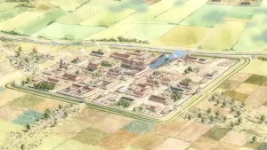 Tekening van een Romeinse stad zoals die er in de Romeinse tijd uitzag.