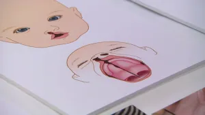 Tekening van een babygezicht met de mond open waarbij je ziet hoe een schisis er uitziet, soort spleet in het gehemelte.