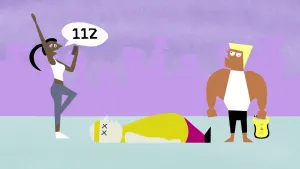 Karikatuurachtige tekening van een man die bewusteloos op de rond ligt, erbij staat een vrouw die "112" roept en een man met een defibrillator.